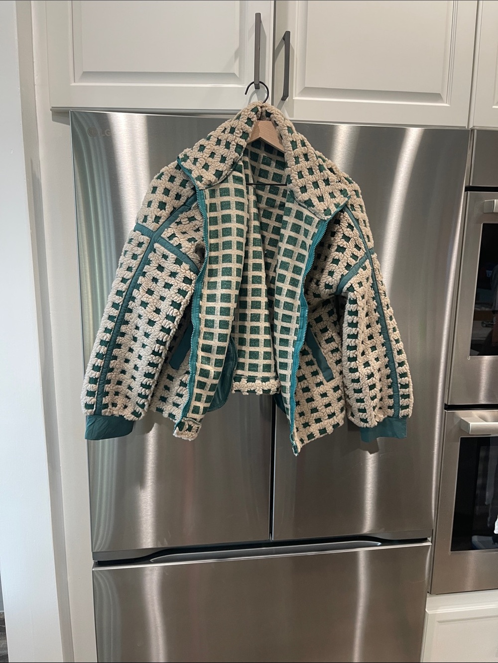 Cream and Teal Grid Teddy Jacket